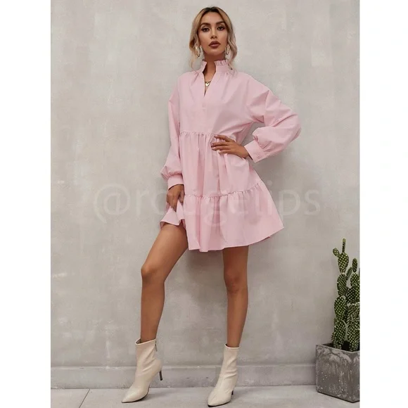 Baby Pink Long Sleeve Loose Fitting Mini Short Dress V-Neck Notch Neck - Picture 5 of 8